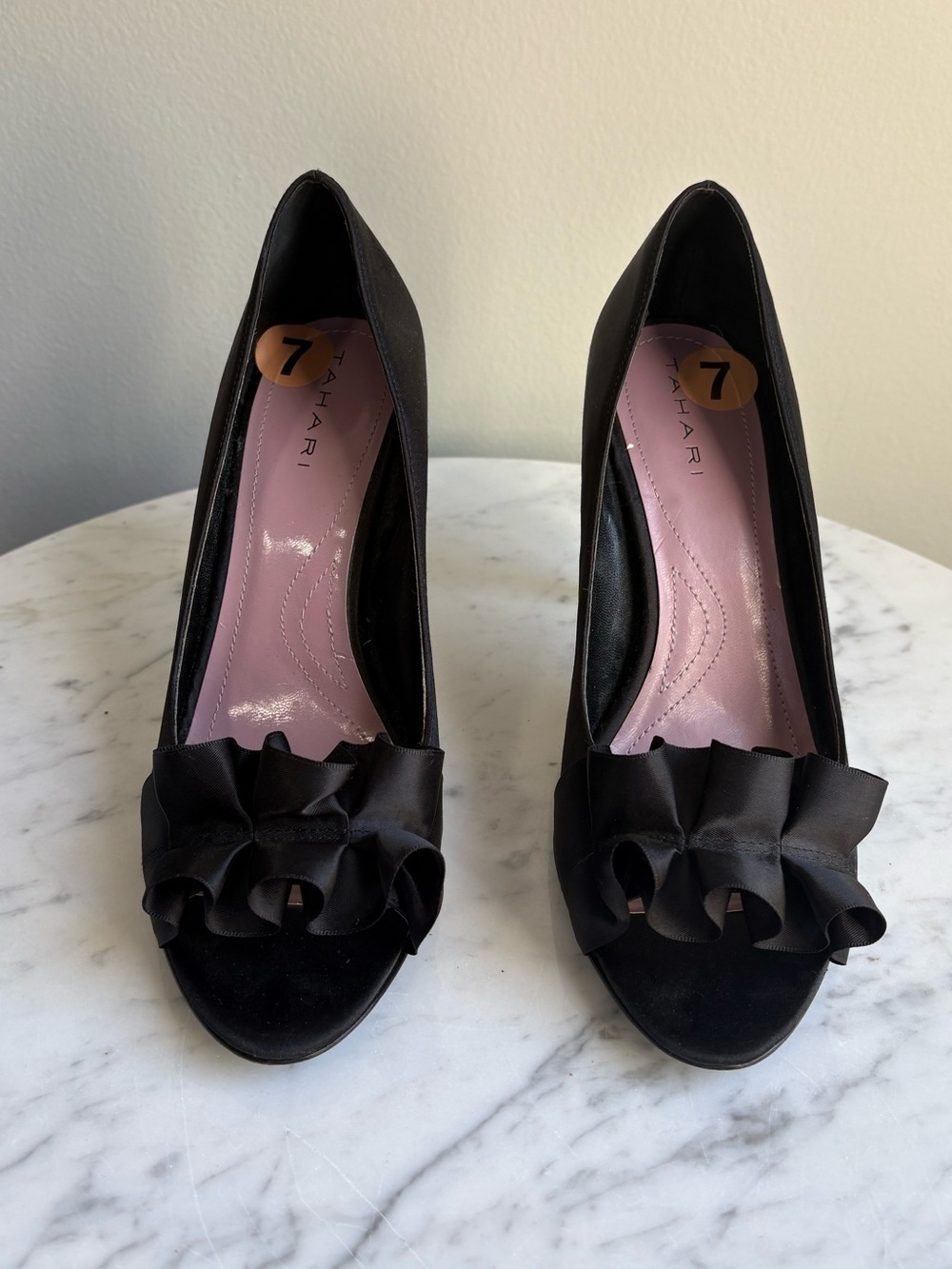 Tahari Black Satin Ruffle Peep Toe Heels Size 7 Evening Pumps